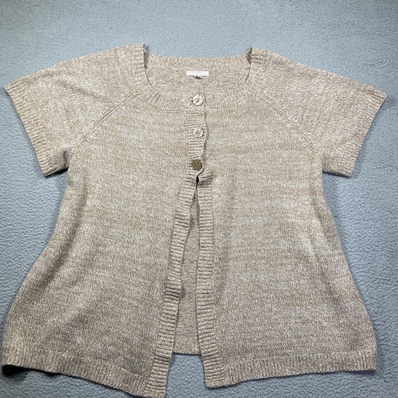 Woman Within Sweater Women's Plus 2X Beige Short Sleeve 3 Button Cardigan - Picture 1 of 9